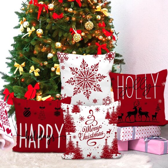 🆕 Christmas Pillow Covers Farmhouse Decorations Happy Holidays Holly Jolly Sofa - Picture 3 of 6